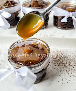 Espresso Salted Caramel Brownie Jars on Marble