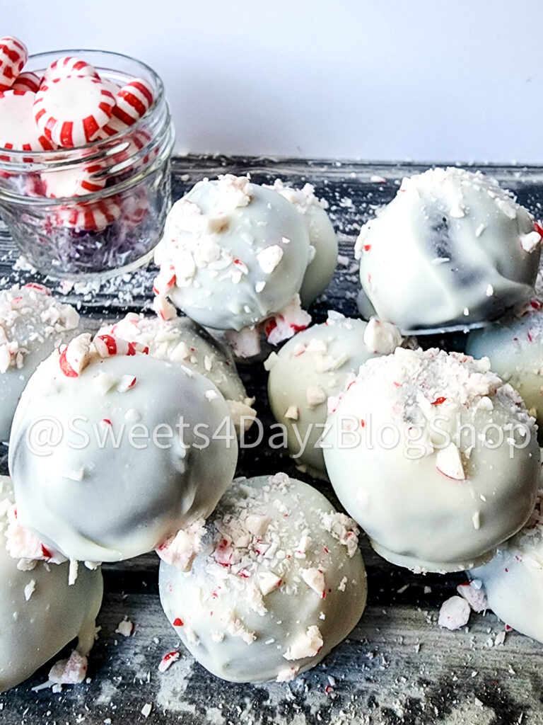 Peppermint Chocolate Cake Truffles on Grey Wood