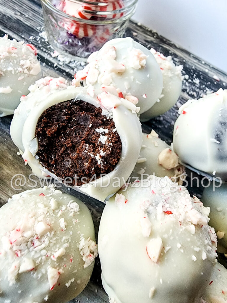 Peppermint Chocolate Cake Truffles on Grey Wood - Image 8