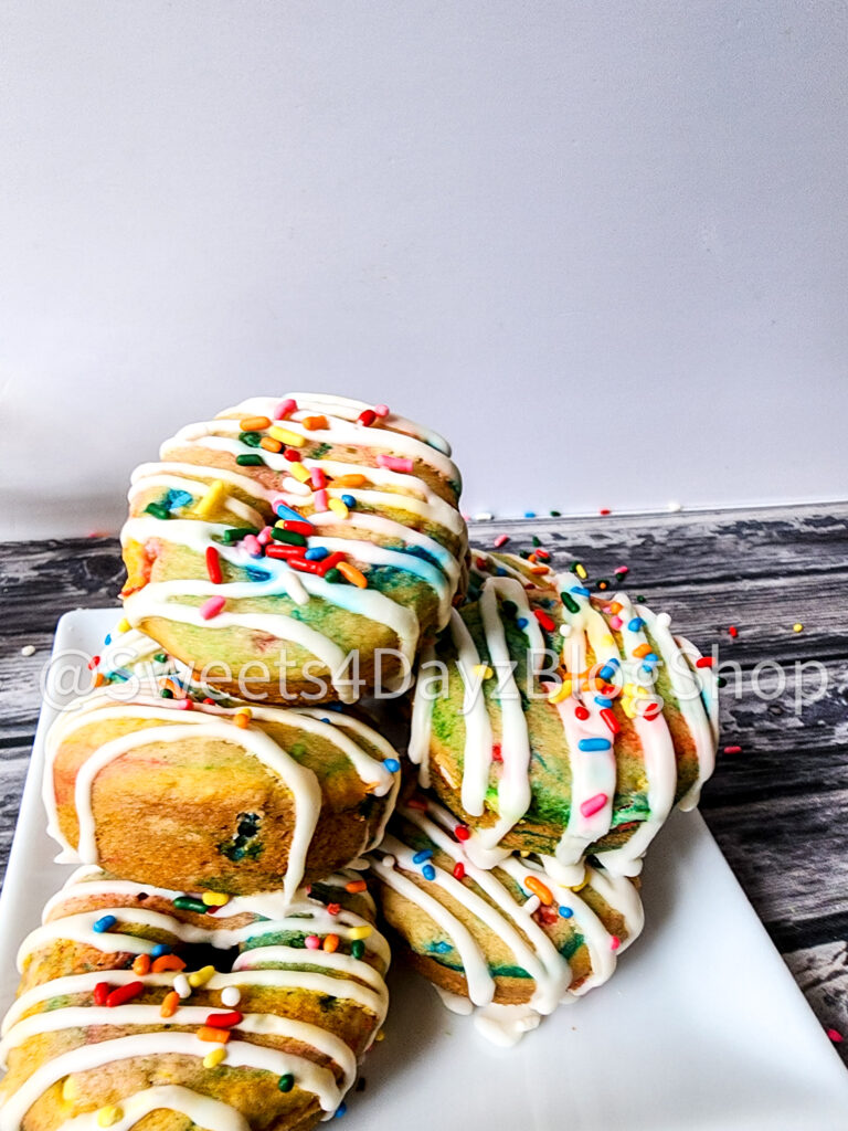 Vegan Rainbow Funfetti Donuts on Grey Wood - Image 2