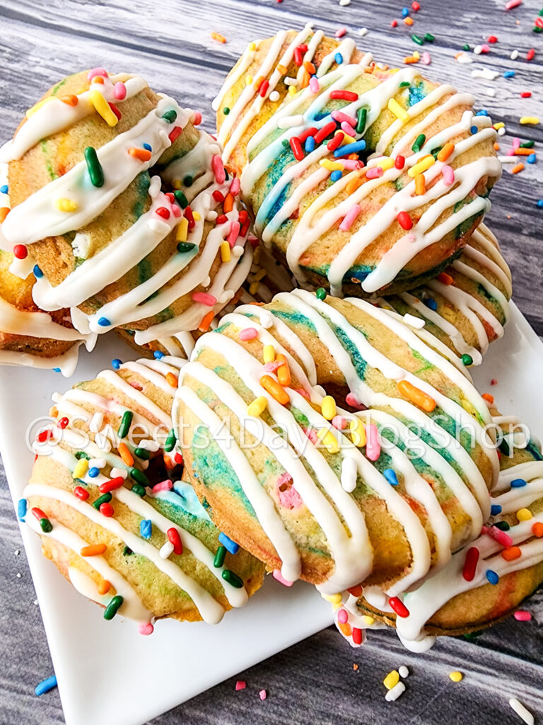 Vegan Rainbow Funfetti Donuts on Grey Wood - Image 5