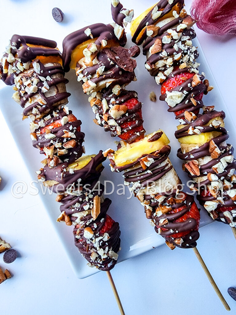 Vegan Fruit Dessert Skewers on White