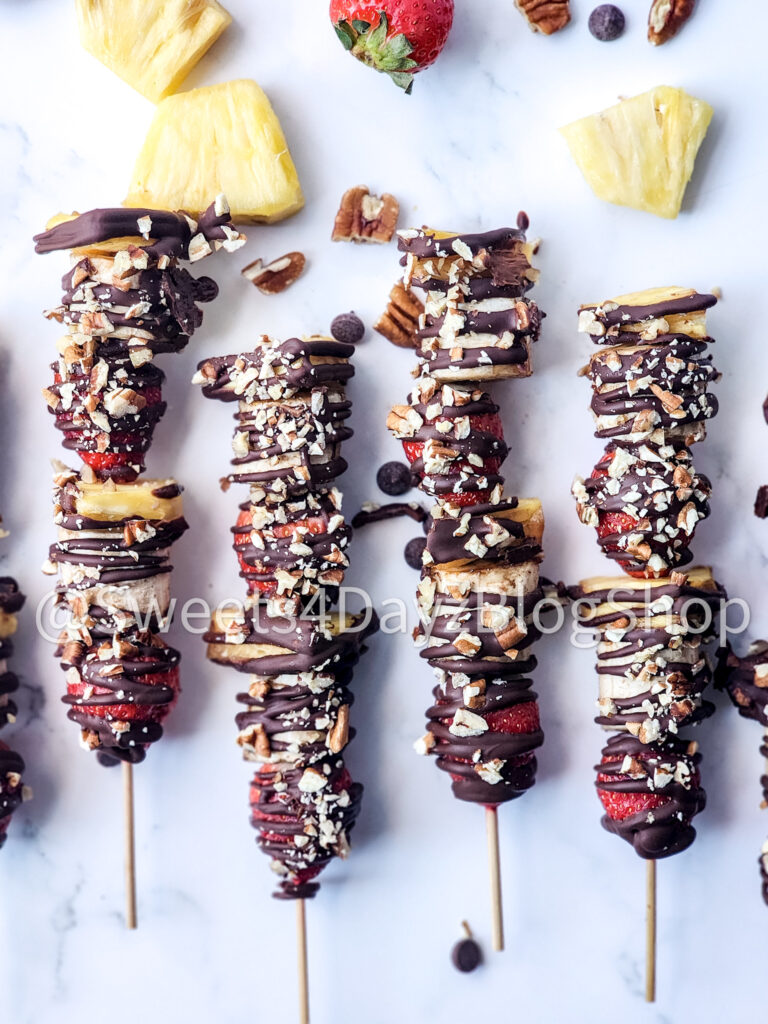 Vegan Fruit Dessert Skewers on Marble