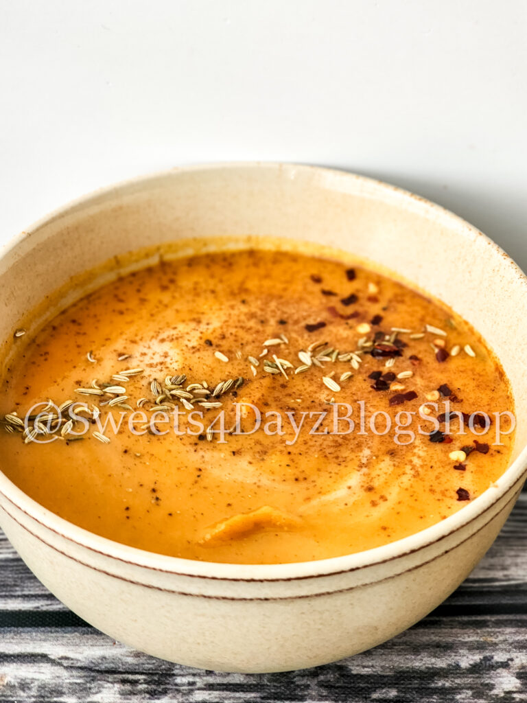 Sweet Potato Soup on Grey Wood - Image 3