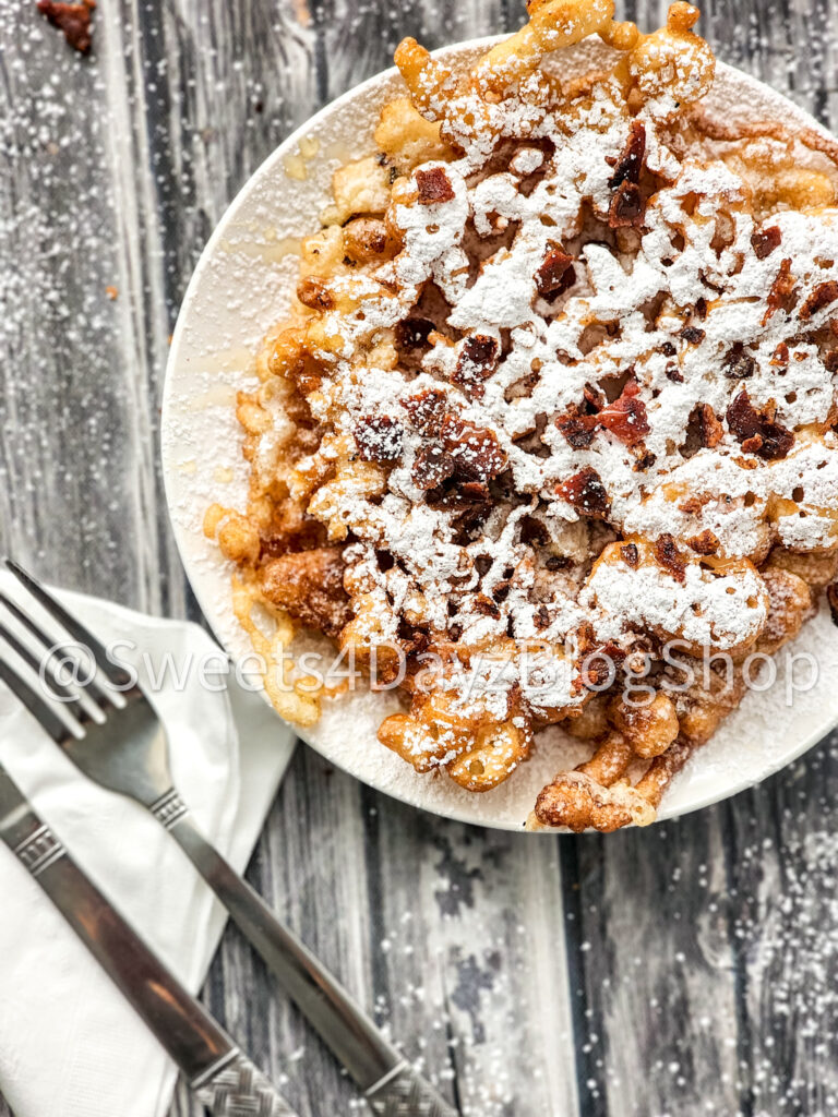 Maple Bacon Funnel Cake on Grey Wood - Image 4