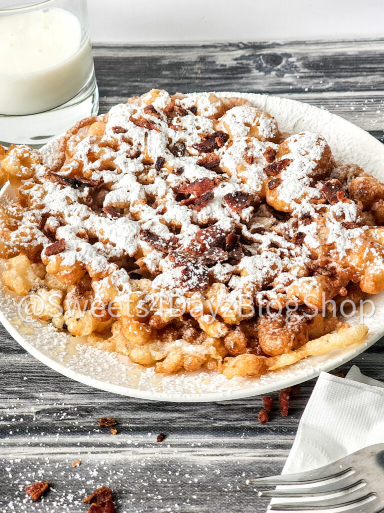 Maple Bacon Funnel Cake on Grey Wood - Image 5