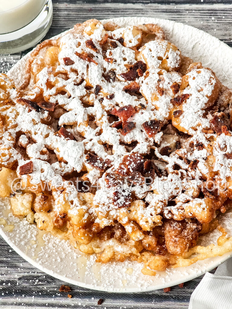Maple Bacon Funnel Cake on Grey Wood - Image 6