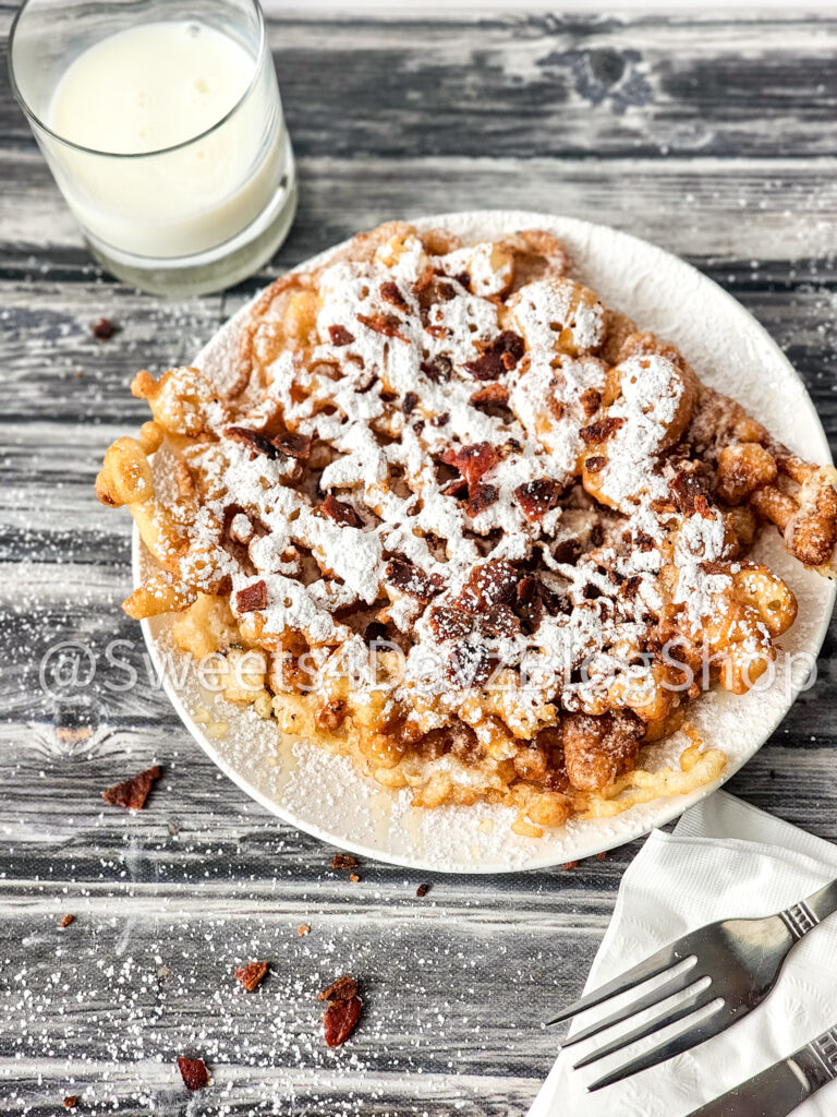 Maple Bacon Funnel Cake on Grey Wood - Image 3