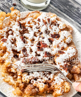 Maple Bacon Funnel Cake on Grey Wood