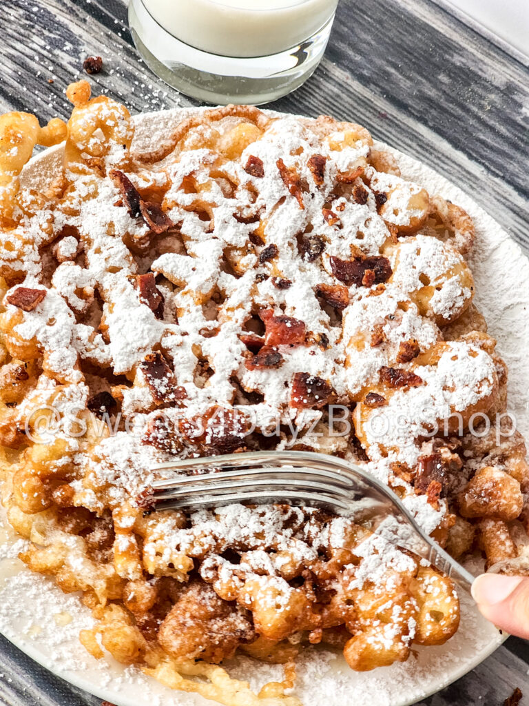 Maple Bacon Funnel Cake on Grey Wood