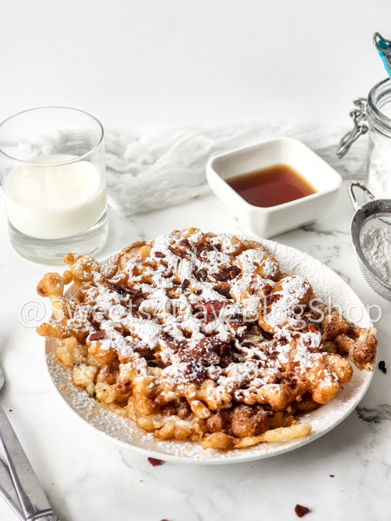 Maple Bacon Funnel Cake on Marble