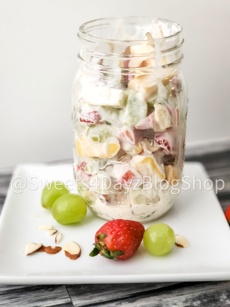 Creamy Fruit Salad on Grey Wood - Image 2