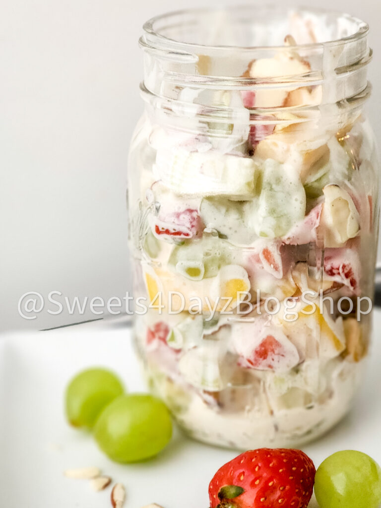 Creamy Fruit Salad on Grey Wood - Image 3
