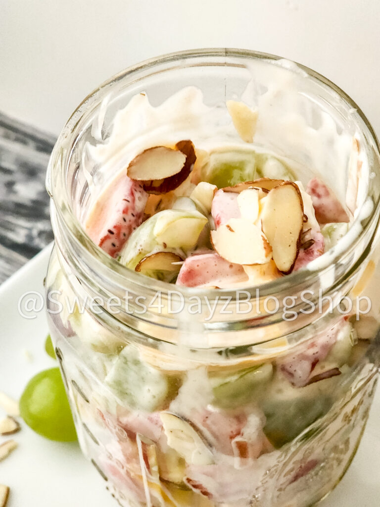 Creamy Fruit Salad on Grey Wood - Image 4