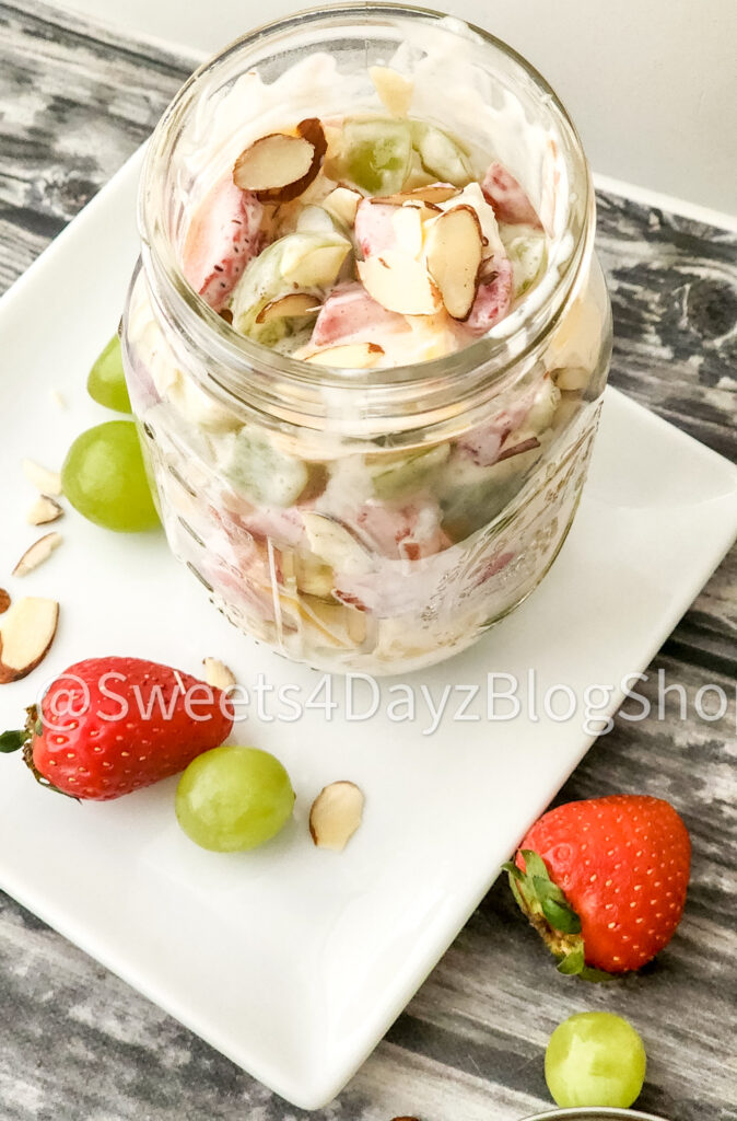 Creamy Fruit Salad on Grey Wood - Image 5