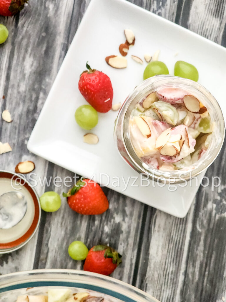 Creamy Fruit Salad on Grey Wood - Image 6