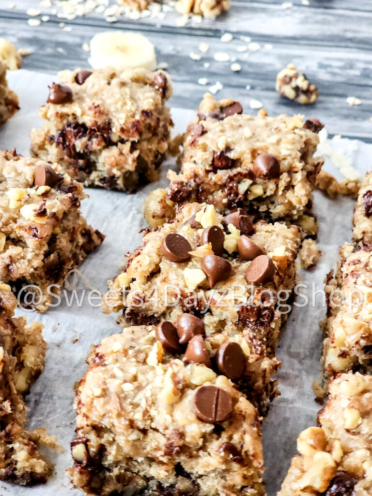 Vegan Banana Bread Oatmeal Bars on Grey Wood