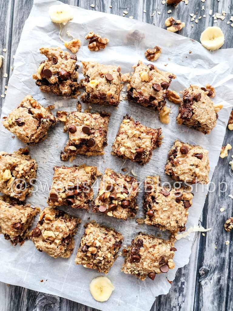 Vegan Banana Bread Oatmeal Bars on Grey Wood - Image 8