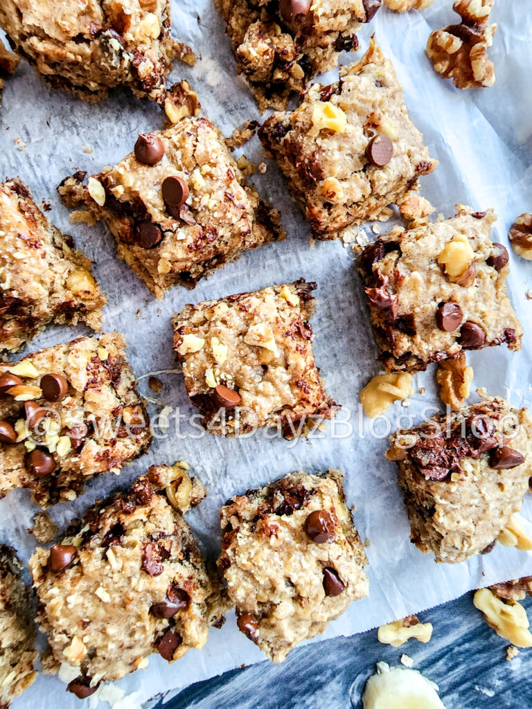 Vegan Banana Bread Oatmeal Bars on Grey Wood - Image 9