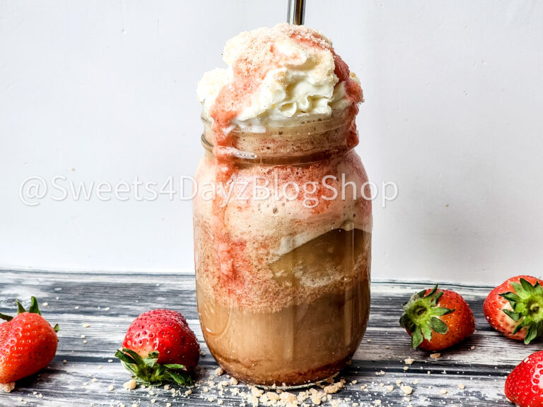 Copycat Strawberry Funnel Cake Crème Frappuccino on Grey Wood - Image 2