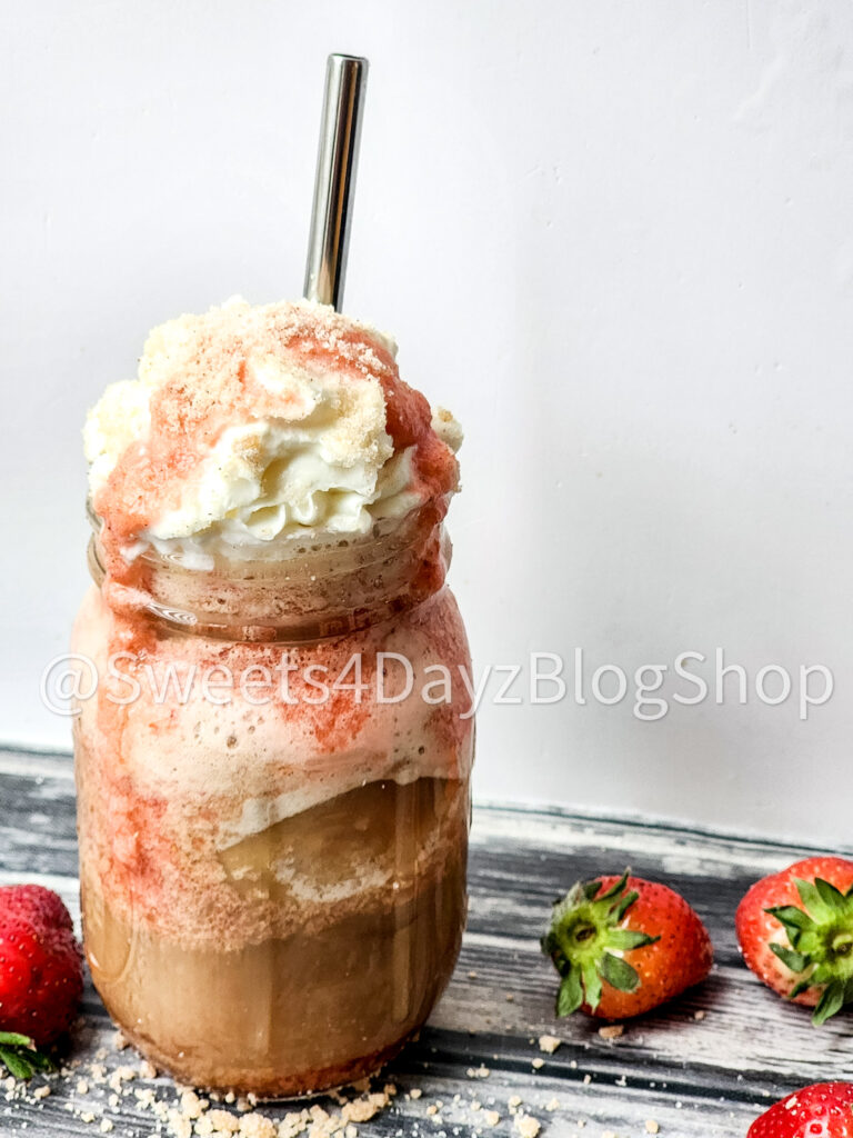Copycat Strawberry Funnel Cake Crème Frappuccino on Grey Wood - Image 3