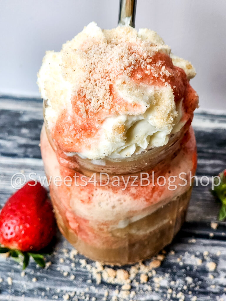 Copycat Strawberry Funnel Cake Crème Frappuccino on Grey Wood - Image 4