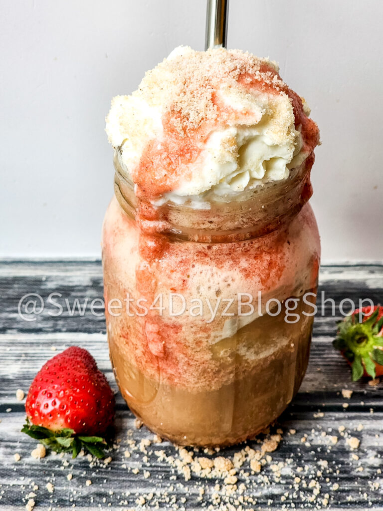 Copycat Strawberry Funnel Cake Crème Frappuccino on Grey Wood - Image 5