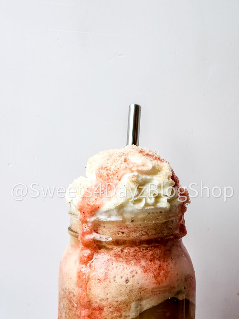 Copycat Strawberry Funnel Cake Crème Frappuccino on Grey Wood - Image 7