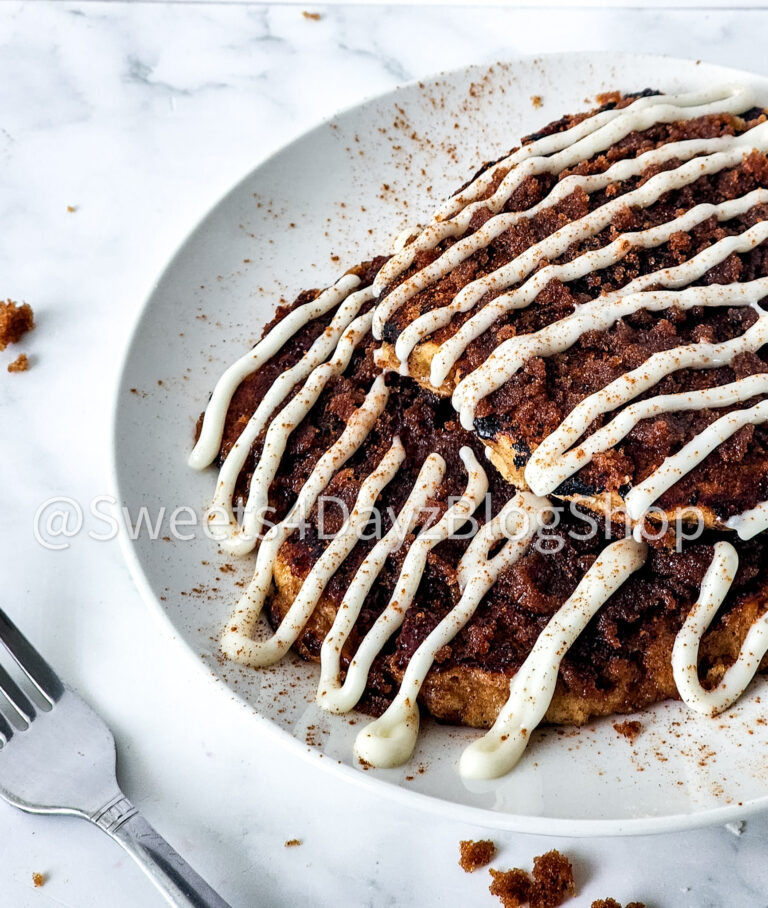 Copycat Denny's Cinnamon Roll Pancakes on Marble - Image 3
