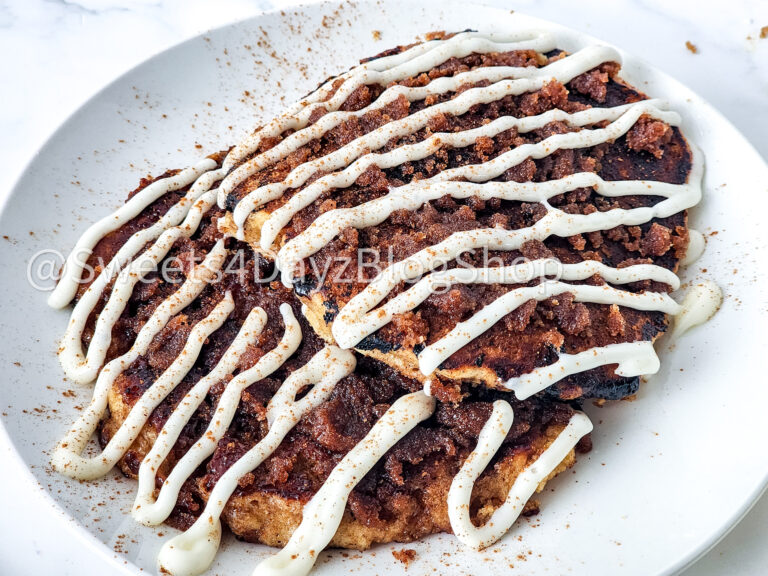 Copycat Denny's Cinnamon Roll Pancakes on Marble - Image 5