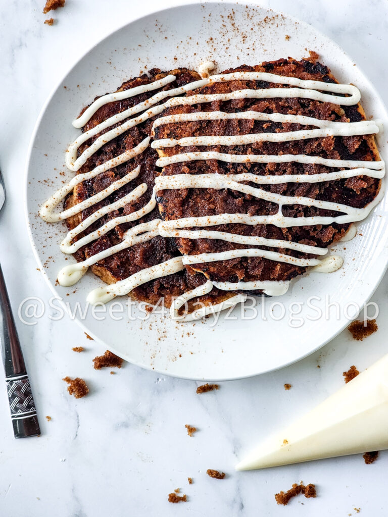 Copycat Denny's Cinnamon Roll Pancakes on Marble - Image 6