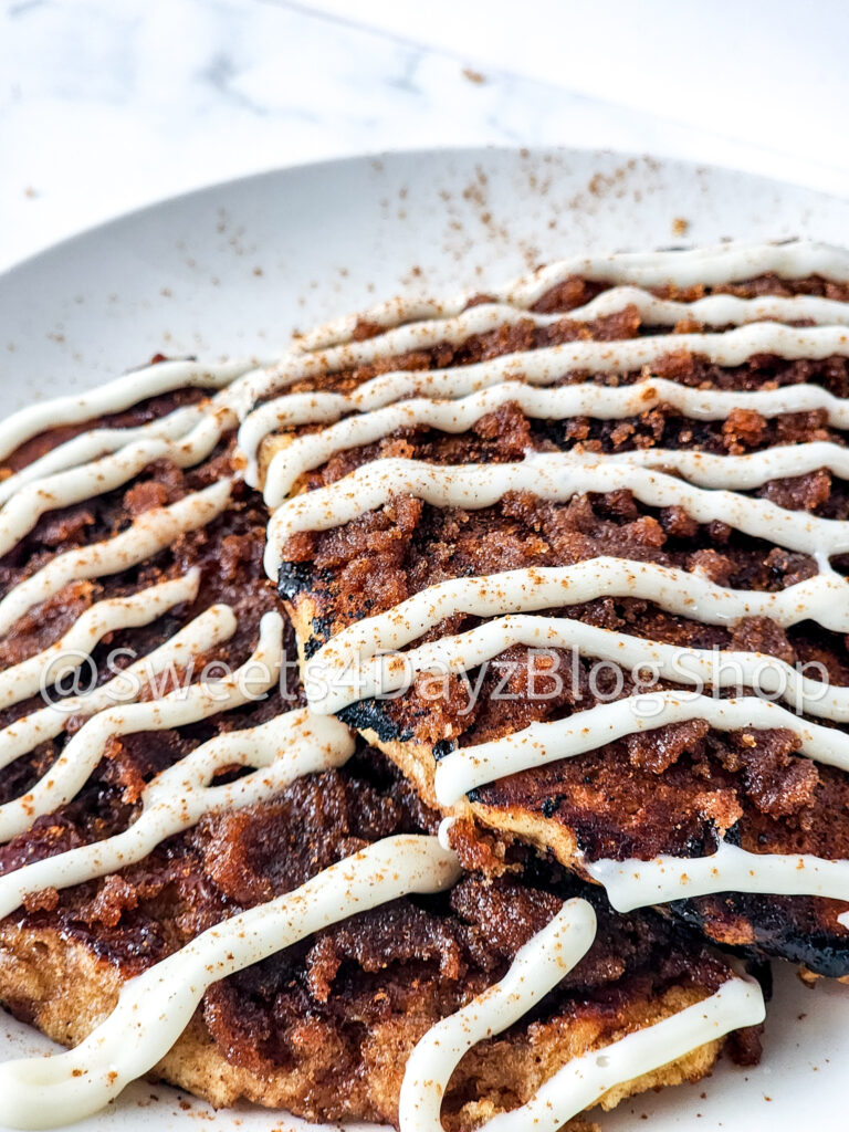 Copycat Denny's Cinnamon Roll Pancakes on Marble - Image 7