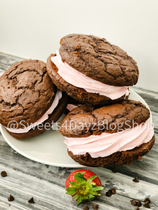 Chocolate Strawberry Whoopie Pies on Grey Wood - Image 2