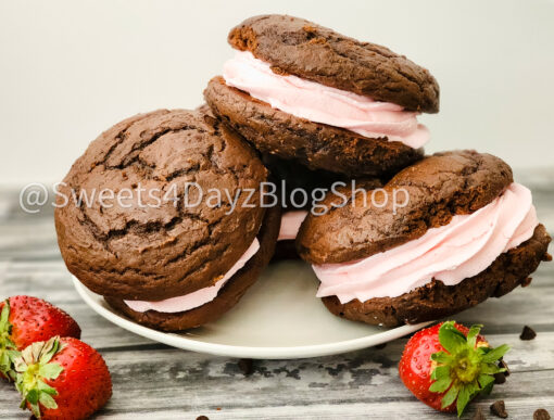 Chocolate Strawberry Whoopie Pies on Grey Wood