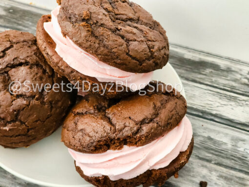 Chocolate Strawberry Whoopie Pies on Grey Wood - Image 3
