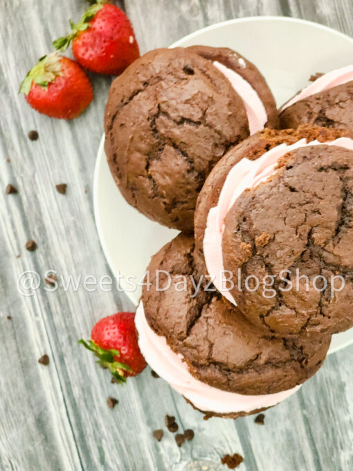 Chocolate Strawberry Whoopie Pies on Grey Wood - Image 4