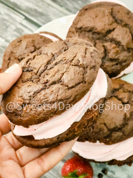 Chocolate Strawberry Whoopie Pies on Grey Wood - Image 5