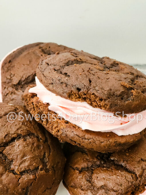 Chocolate Strawberry Whoopie Pies on Grey Wood - Image 6