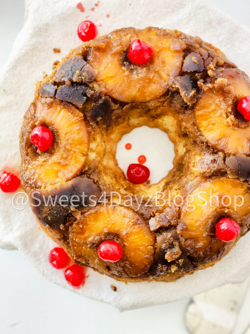 Pineapple Upside Down Bundt Cake on White