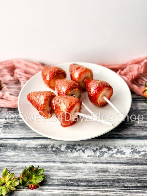 Candied Strawberries on Grey Wood
