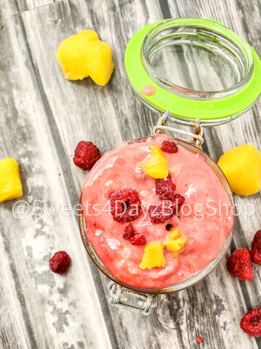 Raspberry Mango Frozen Yogurt on Grey Wood - Image 2