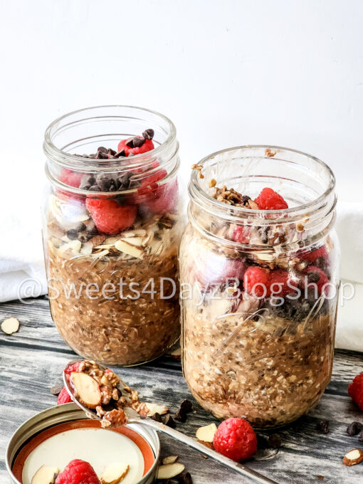 Chocolate Overnight Oats on Grey Wood - Image 3