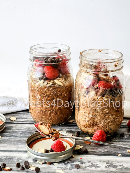 Chocolate Overnight Oats on Grey Wood - Image 6