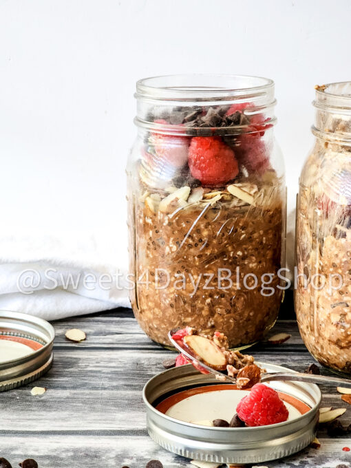 Chocolate Overnight Oats on Grey Wood - Image 7