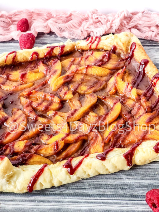Peach Melba Tart on Grey Wood