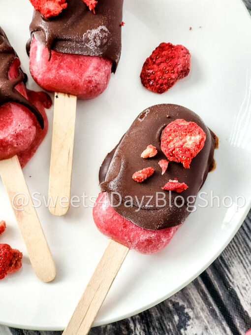 Chocolate Covered Strawberry Popsicles on Grey Wood