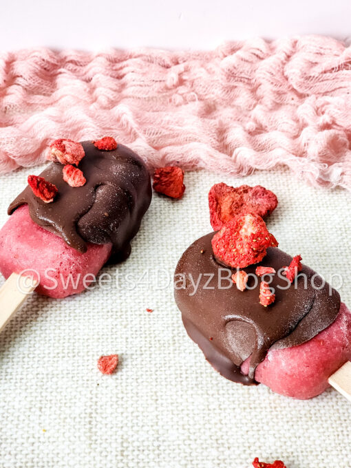 Chocolate Covered Strawberry Popsicles on Linen