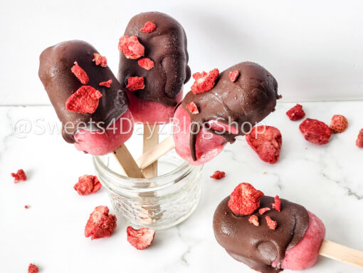 Chocolate Covered Strawberry Popsicles on Marble - Image 2