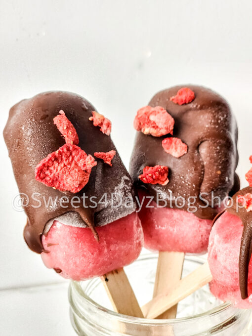 Chocolate Covered Strawberry Popsicles on Marble