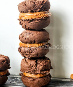 Mocha Caramel Cookie Sandwiches on Grey Wood